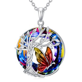 TOUPOP Butterfly Necklace 925 Sterling Silver Crystal Pendant Tree of Life Butterflies Jewelry Anniversary Christmas Birthday Gift for Women, One Size, Sterling Silver, Crystal