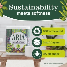Aria 100% Recycled Toilet Paper, 24 Rolls, 3-Ply Soft Bath Tissue, Paper Packaging