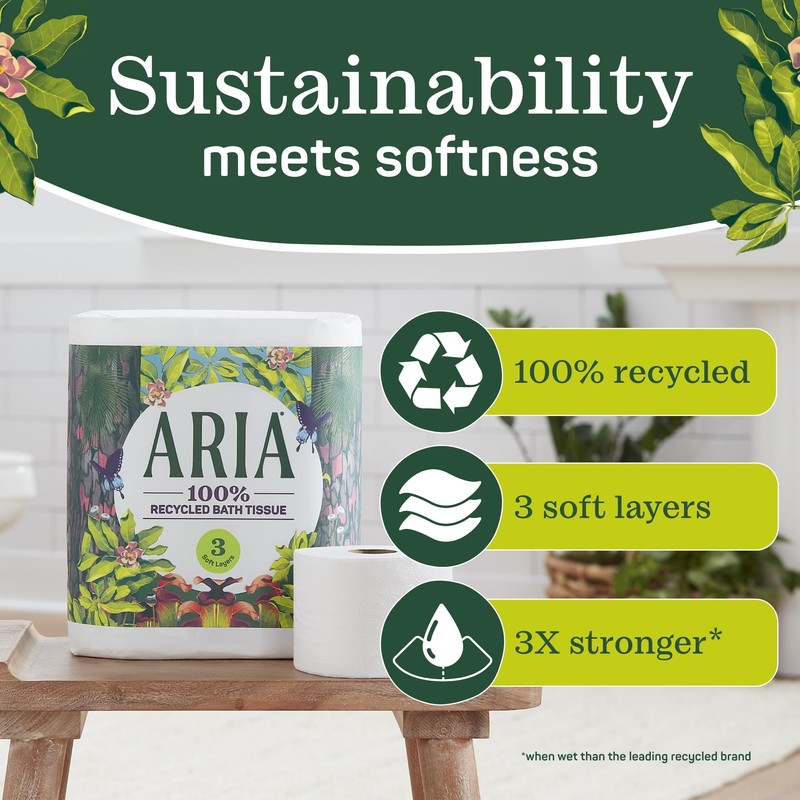 Aria 100% Recycled Toilet Paper, 24 Rolls, 3-Ply Soft Bath