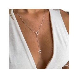 Lariat Necklaces for Women, Dainty Long Y Necklaces 14k Gold Plated Pendant Necklaces Minimalist Heart-Shaped Chain Necklaces Best Idea Gift For Women Girls (Silver)