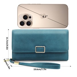 YERUUE Women's Large PU Leather Purse with RFID Protection Long Purse Women with 18 Card Slots and Removable Wallet Bracelet, peacock blue, Retro