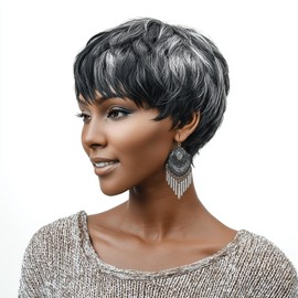 Pixie Cut Short Wig For Black Women Pixie Cut Wig Short Black Layered Wavy Wigs For Women Natural Wavy Short Wig (Black Mixed Grey)