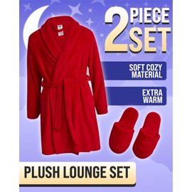 Sleep & Co Girls' Bathrobe Set - 2 Piece Soft Cozy Plush Fleece Bathrobe with Matching Slippers for Girls (Sizes: 5-16), Size 14-16, Red