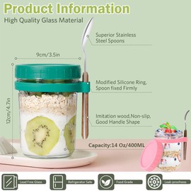 Aufondof 2 Pack Overnight Oats Containers with Lids and Spoons,14 Oz/400ML Glass Mason Jars for Overnight Oats Airtight Jars Leak Proof Oatmeal Container Meal Prep Jar for Yogurt,Milk,Fuirt,Salad