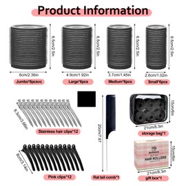 4 Sizes Self-Grip Hair Rollers Set with Clips - 4 Sizes for Long, Short Hair & Bangs (25mm, 36mm, 48mm, 60mm), (BLACK, 4 Sizes)