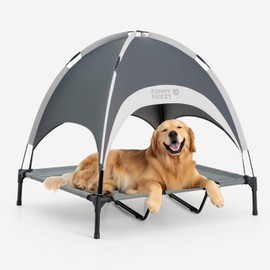 FUNNY FUZZY Elevated Dog Bed with Canopy, Grey, X-Large (48"x36"x9") – Outdoor, Raised Pet Cot with UV Protection, Cooling Mesh, Indoor & Outdoor Use, Dog Cot for Large Dogs up to 120 lbs