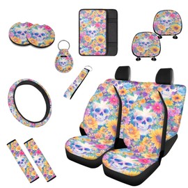 Uskorhein Sugar Skull Flower 13 Print Auto Seat Protector Full Set, Sunflower Skeleton Steering Wheel Cover, Mexico Day of Dead Flowers Car Seat Protectors Cup Holder Pad