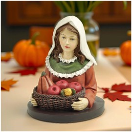 PlentifulHome Thanksgiving Pilgrim Figurine – Fall Harvest Resin Bust with Cornucopia Fruit Basket, 4.13” Pilgrim Tabletop Statue, Autumn & Thanksgiving Table Decorations Indoor