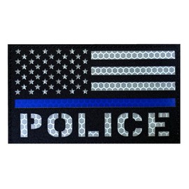 3x5 Large Reflective Police Patch US Flag Thin Blue Line with Hook Back for Service Harness Tactical Vest Collar Hook-Fastener Backing (Blue Line)