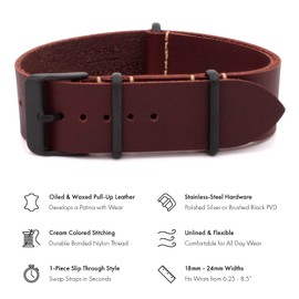 Benchmark Basics Leather Watch Band - Crazy Horse Oiled Leather One-Piece Watch Straps for Men & Women - Choice of Color & Width - 18mm, 20mm, 22mm or 24mm (18mm, Oxblood PVD)