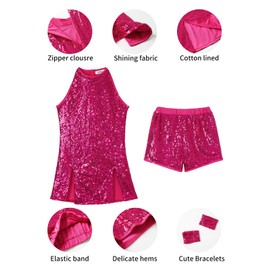 LOLANTA Girls' Sequin Top Shorts Disco Sparkle Girls Jazz Dance Outfit Sleeveless Wristband Socks (Fuchsia, 10-11 Yrs)