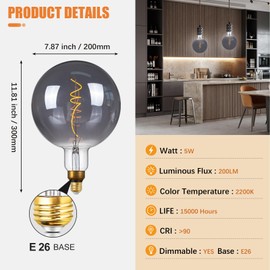 SD LUX Oversized Vintage LED Light Bulbs 5W, Medium Base E26, Giant Edison Bulb Large Decorative Bulbs, Huge Edison Light, Dimmable 200LM(15W Equi) Pendant Lighting Warm White 2200K,1 Pack(G200-Smoke)