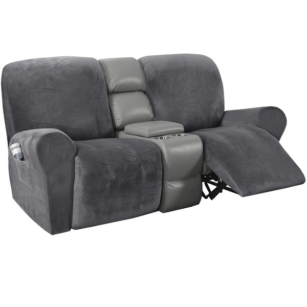 H.VERSAILTEX Velvet Stretch Recliner Couch Covers 6-Pieces Recliner Loveseat Covers for 2 Cushion Couch Recliner Sofa Covers Reclining Slipcovers Form Fitted Thick Soft Washable, Grey
