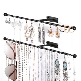 Josmimic Wall Hanging Jewelry Organizer: 13.7'' Necklace Holder for Earring, Bracelet, Rings, Hairband, Glasses, Black 2-Pack, Screws Included