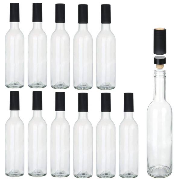 Encheng 12 oz Glass Bottles With Cork Lids,Home Brewing Bottles Juicing Bottles With Caps Shrink Capsules,Clear Beveage Bottles For Sparkling Wine,Kefir,Food Storage,Leak Proof,Dishware Safe,12Pack