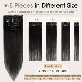 Elailite Clip-In Real Hair Extensions (8-Piece Set Hair Extensions Real Hair Clip) - #01 Jet Black - 30 cm