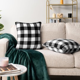 PAVILIA Checker Plaid Throw Pillow Covers 18x18 Set of 2, Decorative Pillow Cases Bed Sofa Couch, Boho Aesthetic Accent Decor Cushion Bedroom Living Room, Velvet Square Euro Sham Covers, Black White