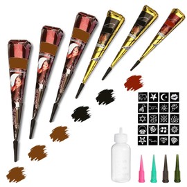 Tizoerly Tattoo Paste Cones, 6Pcs Semi Permanent Temporary Tattoos Kit, India Body DIY Art Painting for Women Men Kids, Summer Trend Freehand Paste with 3 Colors, 20 Adhesive Stencil, 1 Bottle, 4 Nozzles