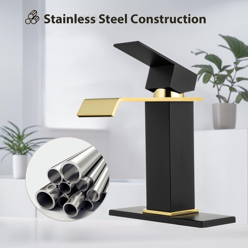 Bathroom Sink Faucet, Black and Gold Color, Waterfall Style, SUS304
