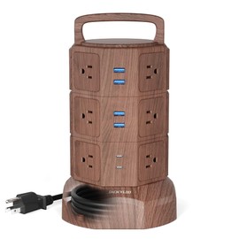 JACKYLED Power Strip Tower Surge Protector with 6.5ft Extension Cord 6 USB Ports and 12 AC Outlets Electric Charging Station for Home Office Dorm Desktop Computer Walnut and Black