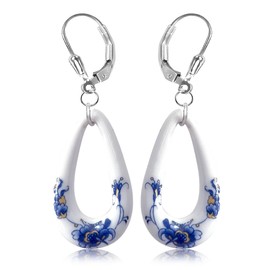 HAIXIAN Blue and white porcelain Enamel Flower Drop Earrings for Women,Porcelain Floral Statement Dangle Earrings,Platinum Plated Sterling Silver Hooks (Porcelain_C)