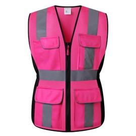 HoliSecure Safety Vest for women, Hi vis Reflective Lady Work vest With 9 Multi Pocket And Zipper, Pink-02, Large