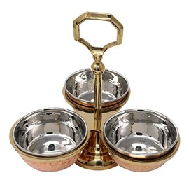VAKRATUNDA KITCHENWARES Handmade Tableware Premium Copper & Steel Serving Bowls, Condiment Pots for Serving Pickle/Mouth Freshner/ Sauces/ Dry Fruit etc. (3 Bowls/Compartments)