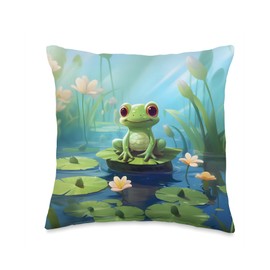Nature's Neighborhood Happy Green Frog on Lily Pad Throw Pillow, 16x16, Multicolor