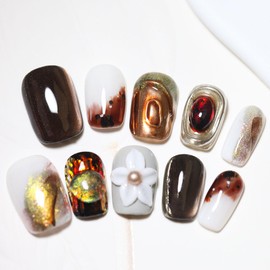 10 pcs Short Square Handmade Press-On Nails with 3D Flower and Glitter Accents Rhinestones Nail Decoration for Holiday Nail Art Design, Suitable for Women and Girls(A05, M)