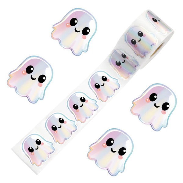500Pcs Halloween Ghost Stickers Roll – Holographic Cute Ghost Stickers,