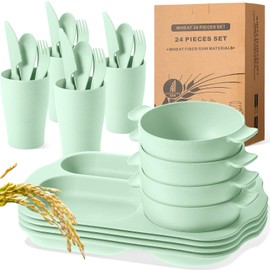 24 Pcs Wheat Straw Dinnerware Cutlery Set for Aldult Including Divided Plates Microwave Dishwasher Safe Bowl Unbreakable Tableware Straw Cutlery Spoon Knife Fork(Green)