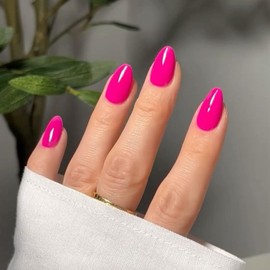 Hot Pink Press on Nails Short Oval, SXVME Solid Color Acrylic Fake Nail Short Round, Neon False Nail Press ons Handmade of Gel, Natural Full Cover Glue on Nails For Women Daily Wear 24Pcs