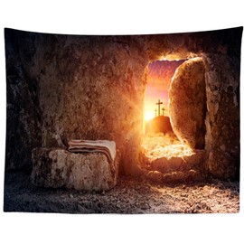 CORFOTO 92x70 Inch Fabric Jesus Cross Tomb Sunrise Tapestry Resurrection of Jesus Wall Hanging Christian Easter Tapestry for Bedroom Aesthetic Living Room College Dorm Decor Wallpaper