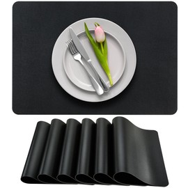 More Décor Faux Leather Placemats for Dining and Kitchen Table - Stain and Heat Resistant, Anti-Slip, Wipable and Washable - Set of 4 and 6 - Solid Colors (Solid Black, 6)