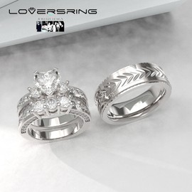 TWO RINGS Wedding Ring Sets His And Hers Promise Ring Couples Bridal Sets Women 925 Sterling Silver square Cz Man Stainless Steel Brushed Finished Wedding Bands, women's size 8 & men's size 13,