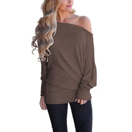 Women's Oversized Off Shoulder Pullover Tops Long Sleeve Loose Fit Batwing Sleeve Tunic Shirts(M,Brown)
