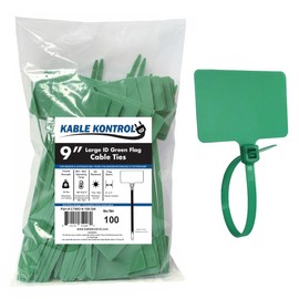 Kable Kontrol Cable Marker Zip Ties, 9 Inch 100 Pcs Large ID Flag Label Straps, Self-Locking Write on Tags for Ethernet, Power, and Cord Labeling - Green