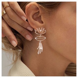 Inilbran Boho Evil Eye Earrings Gold Lips Drop Earrings Vintage Hand Dangle Earrings Hollow Evil Eye Stud Earrings Jewelry for Women and Girls