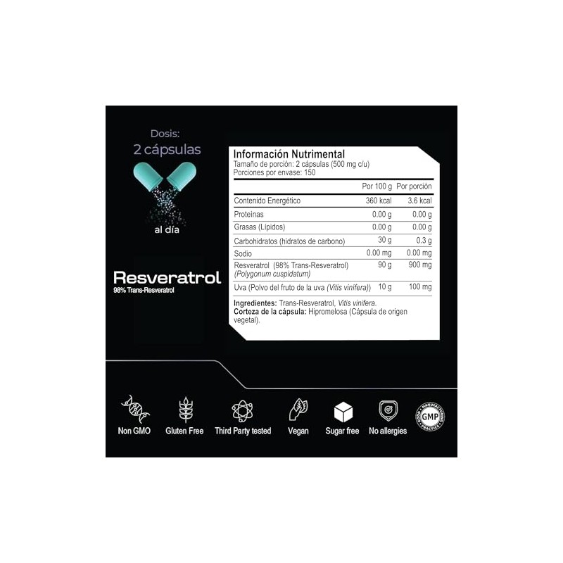ETERNAL NUTRITION Ultra Pure: Trans-Resveratrol 98% Polifenoles (300 Caps)