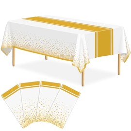 Juego de 4 manteles blancos y dorados para decoración de fiesta, mantel de plástico blanco impreso, camino de mesa rectangular desechable de 54 x 108 pulgadas, para cumpleaños, boda