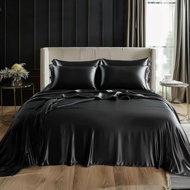 Love's cabin Satin Queen Sheets Set - 4 Piece Black Silky Satin Bed Sheets Queen Set with Deep Pocket, Luxury Silk Feel Satin Queen Size Sheet Set (1 Flat Sheet,1 Fitted Sheet,2 Pillow Cases)