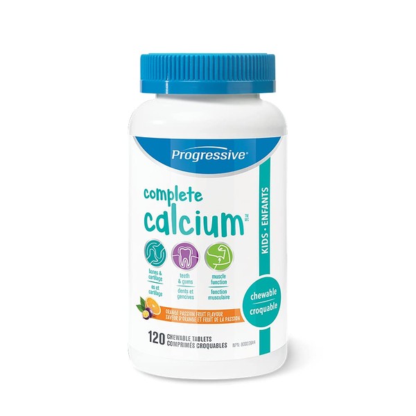 Progressive Complete Calcium for Kids - 250 mg of Calcium, Orange flavour, 120 Chewable Tablets | With essential fatty acids, digestive enzymes, and green food and vegetable concentrates