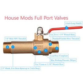 House Mods HMP012 Full Port Water Heater Straight Drain Valve(LF Compliant Brass, 3/4" MNPT, 2.5" Shank, W/Garden Hose Cap and Thread Tape)