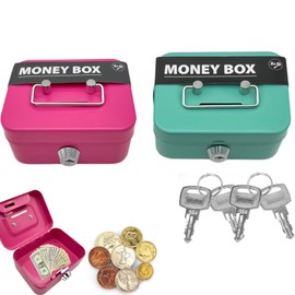 Pack of 2 Money Box, Lockable, Small Iron Cash Box, Money Box with Key, Steel Cash Box Small, Metal Money Box for Children and Adults (Pink, Green)