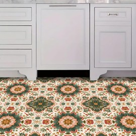 IOHEFY 10PCS 12x12 Inch Peel and Stick Floor Tiles Self Adhesive Vinyl Flooring Tile Vintage Floral Pattern Removable Decals Bathroom Kitchen Laundry DIY Home Decoration