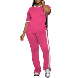 PINSV Womens 2 Piece Outfits Sets Casual Short Sleeve Top and Flare Pants Lounge Sets Tracksuit Rose Red M