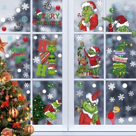 Christmas Window Stickers 9 Sheets, Grinch Merry Christmas Window Clings Sticker, Snowflakes Sticker for Office Home School Christmas Party Supplies Winter Holiday Grinch Window Decoration