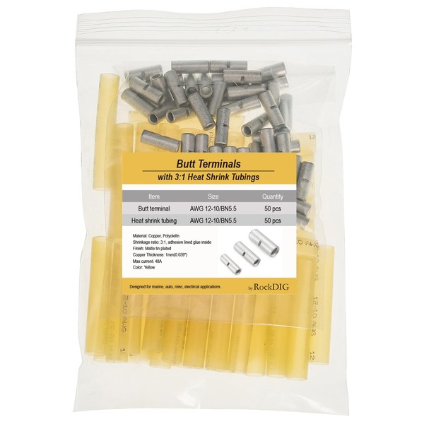 ROCKDIG 50 Pairs AWG 12-10 Non-Insulated Tinned Copper Butt Terminal