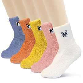 Jinny's Shoppe Women's Soft Fuzzy Fleece Warm Winter Ankle Socks Gift Set with Cute Bulldog Embroidery 5 pack