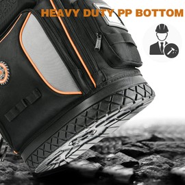 Tool Bag Backpack with 2 Canvas Tool Pouch Tool Kit, 75 Pockets & Loops Heavy Duty Tools Organizer/HVAC Tool Carrier for Eelectrician/Construction Work with Molded Base and Combination Lock, Brown